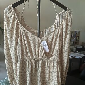 American Eagle Outfitters Cream Gold Smocked Tie Front Blouse